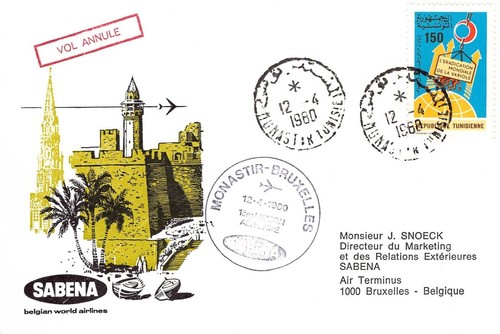 SA28k Tunisia, Monastir 198o per Bruxelles, annullato 1° volo, Sabena, copertina