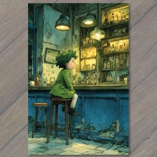 Art Print Boy Green Hair Sitting Bar Stool Dim Light Old Bottles Rustic Tavern M