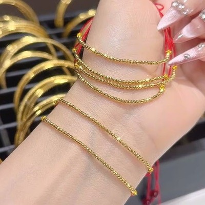 18K Gold Bead Red String Bracelet, AU 750 Gold Bead Red Rope Bracelet, Gold Bead