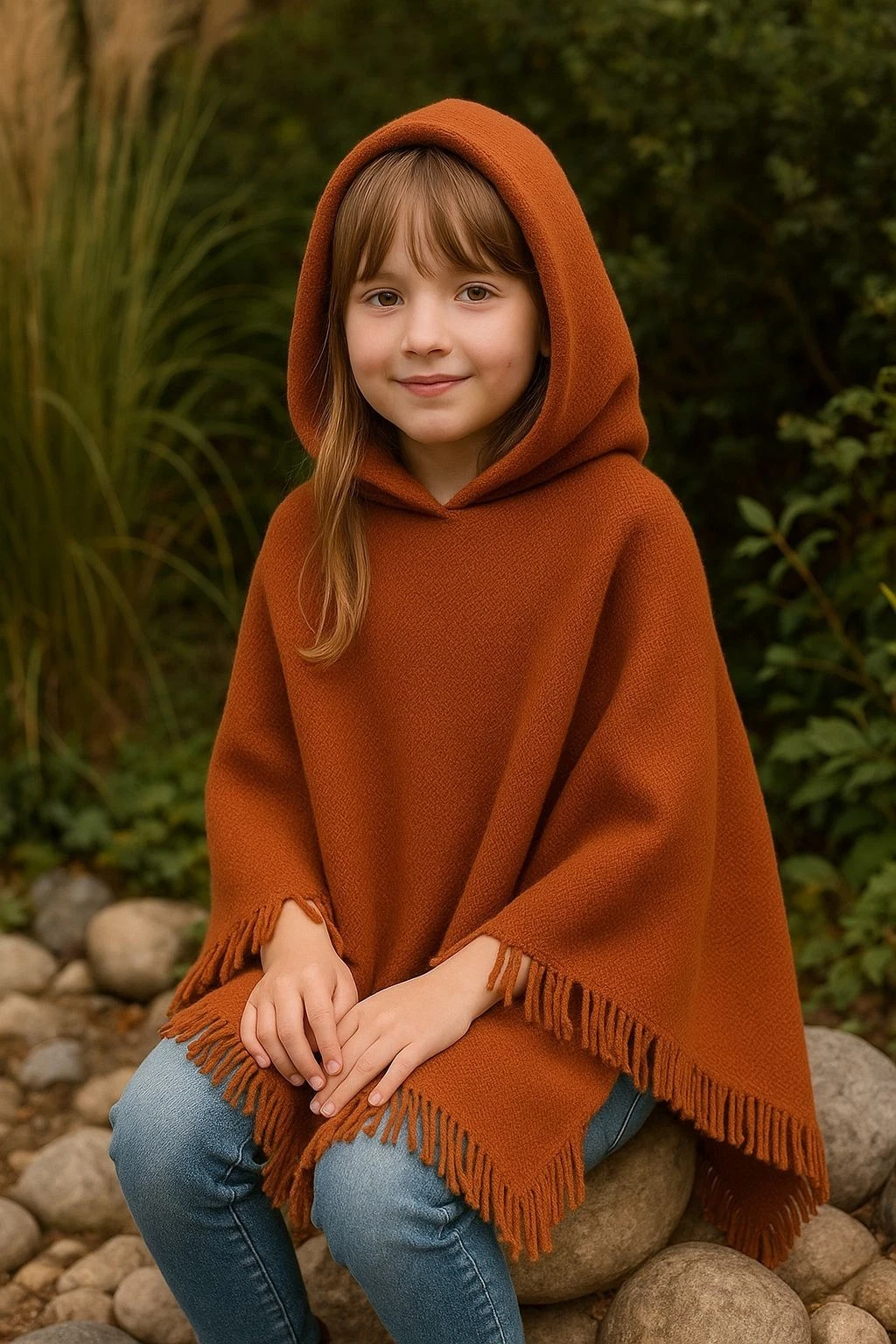 Kids Hooded Shawl Poncho | Handmade Tartan Hoodie Cape with Fringes