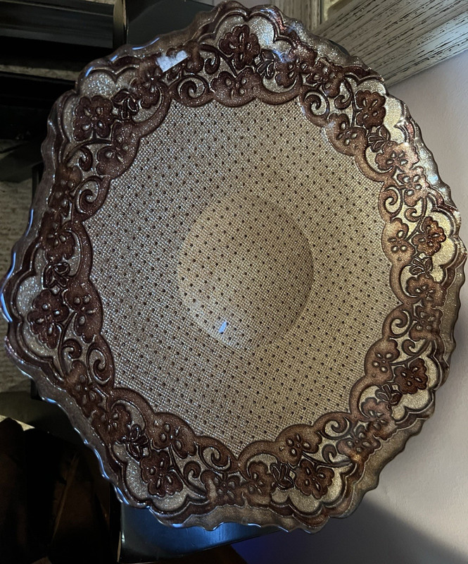 Round Gold & Brown Floral Decorative Plate, Metallic Finish Plastic