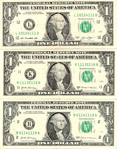 Lote de 3 billetes de dólar número uno serie de lujo de cinco de una clase 1 - Imagen 1 de 2