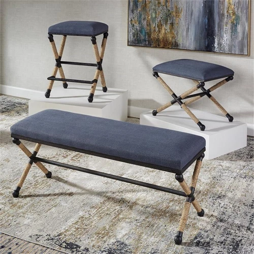 Uttermost Firth Small Fabric and Iron Metal Bench in Rich Textured Navy Blue - Picture 6 of 7