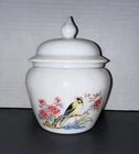 Vintage Avon Depression Milk Glass Apothecary Jar Yellow Song Bird Flowers
