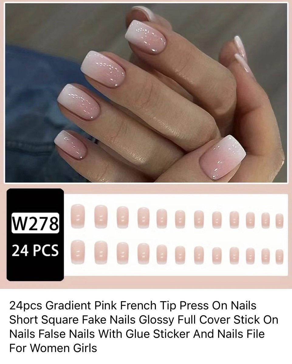 24 Stück French Tip Press On Nägel – Kurze Glitzer-Fakenägel, Quadratische Form, Inkl. Klebe-Tabs & Feile Für Frauen