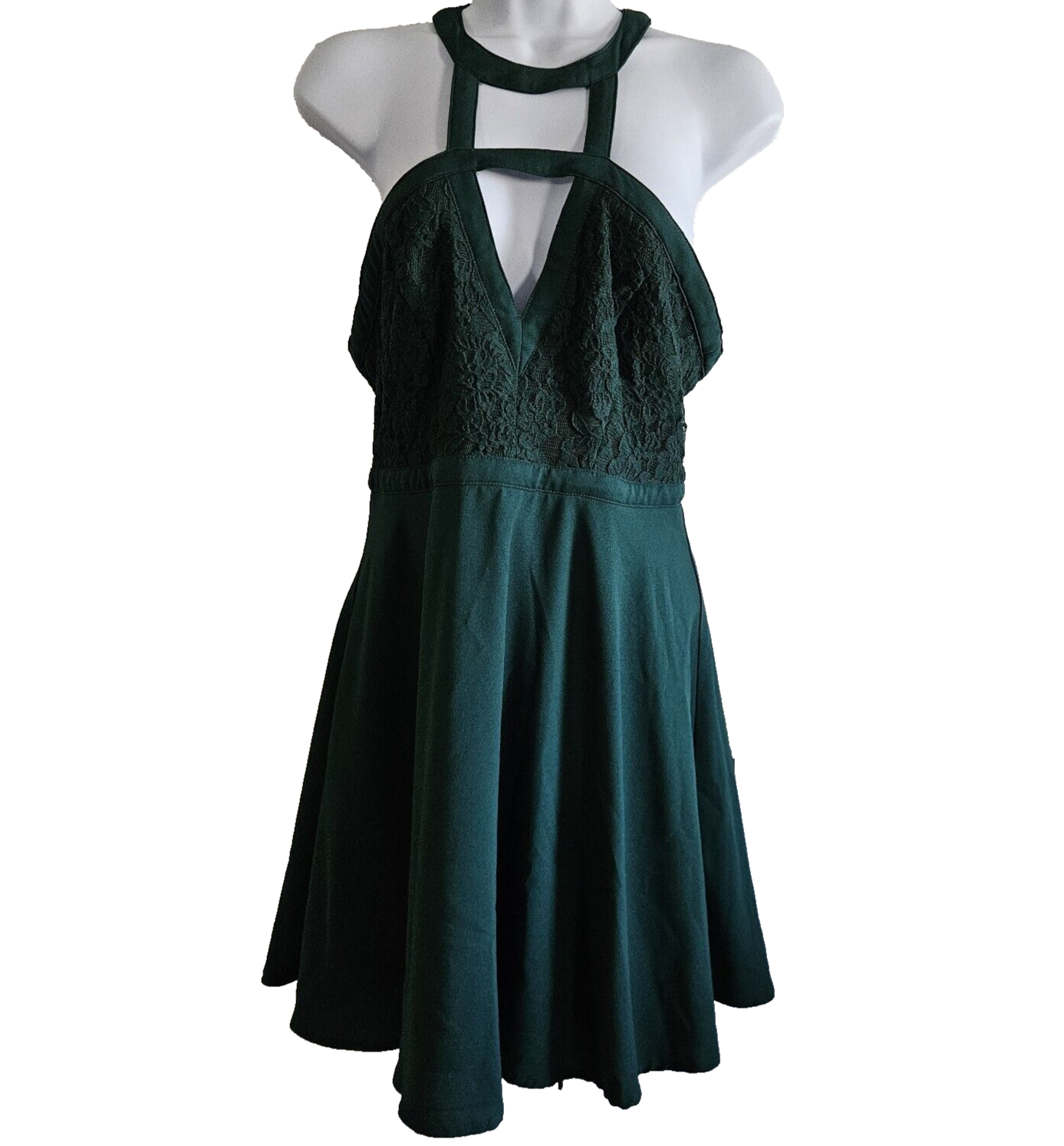 Lulu's Mini Dress M Halter Skater Lace Fairy Strappy Flare Green Prom Club