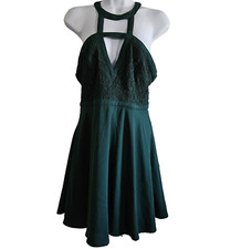 Lulus Mini Dress M Halter Skater Lace Fairy Strappy Flare Green Hoco Club NYE
