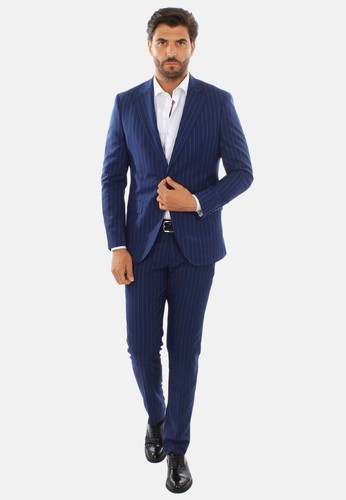 Abito Uomo Slim Fit Elegante Blu Gessato Sartoriale Vestito Cerimonia a  Righe | eBay