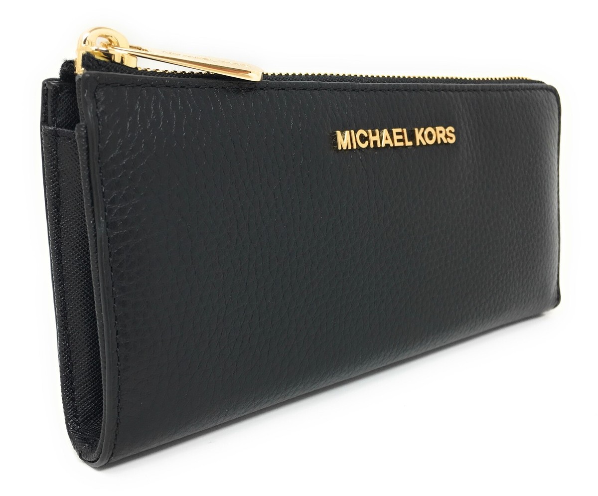 Michael Kors Jet Set Large Three Quarter Zip Black Leather Wallet 