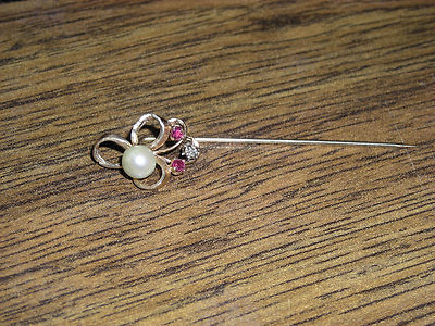 Victorian 14K Yellow Gold Ruby Pearl Diamond Bow  Stickpin  Estate Find 