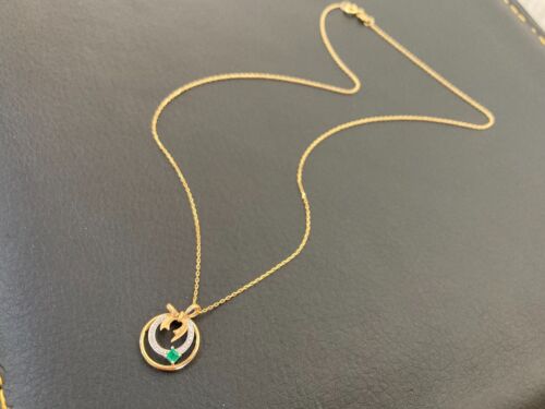 18K Gold Emerald Diamond Pendant Necklace Length 15 Inches - Imagen 2 de 10