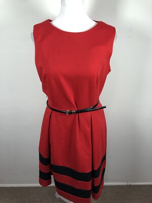 Calvin Klein Womens Dress Fit Flare Pleated Belt Red Black Sleeveless 12P |  eBay