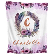 Floral Feather - Personalized Flower Boho Fleece Throw, Custom Kids Baby Gift