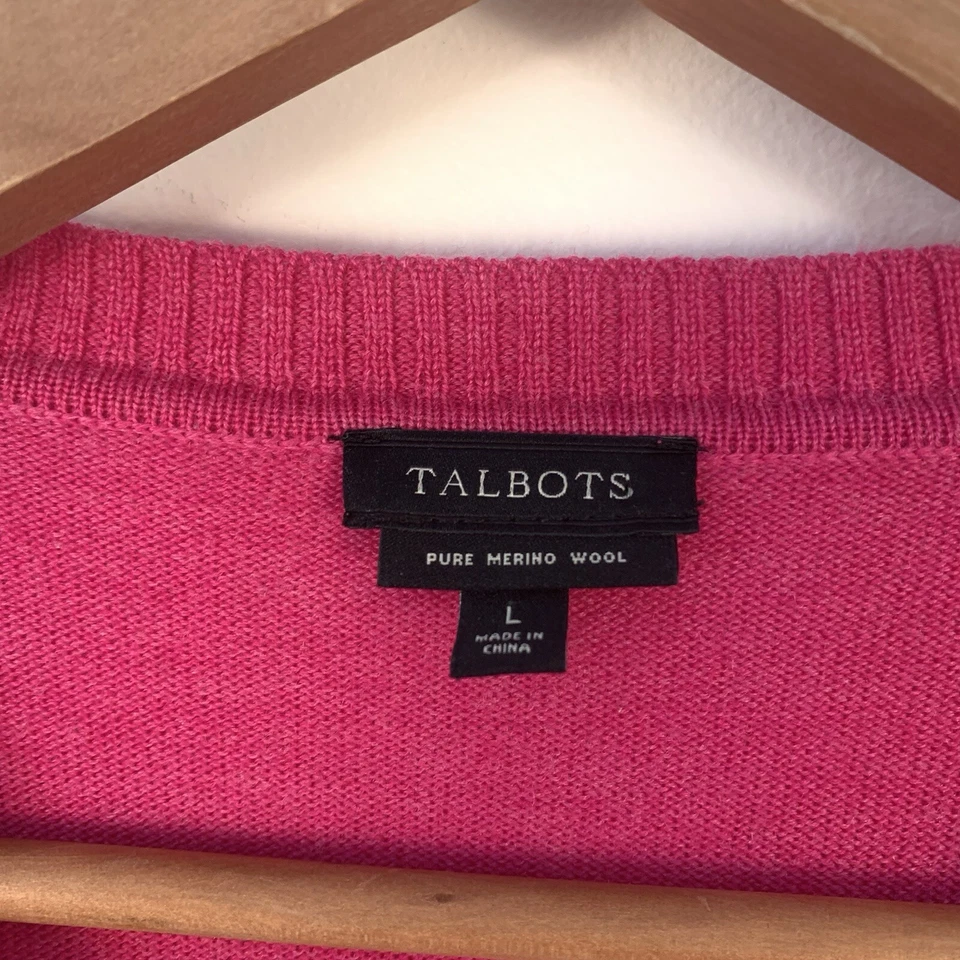 TALBOTS Womens Pure Merino Wool L Hot Pink Cardigan Sweater Pockets Small Flaws - Image 3 of 4
