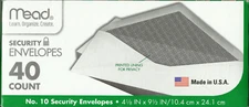 40 Security Envelopes Business #10 Gum Flap White 4 1/8x9 1/2" no. 10 Meade75357