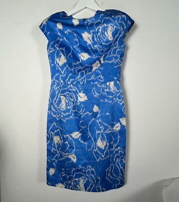 Shanghai Tang Women Blue White Floral Cap Sleeve Silk-Cotton Sheath Dress Size 8