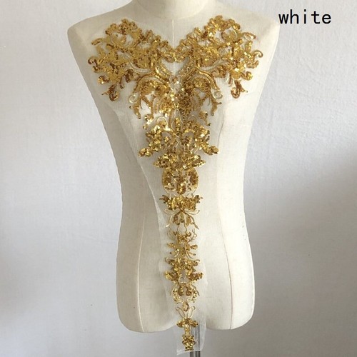 Gold Sequin Floral Lace Applique Trims Patches DIY Crafts Sew On Shiny Ornament - Picture 6 of 16