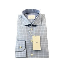 ETON Contemporary Blue White Checked Current Cotton L/S Button Front 15/39 NWT