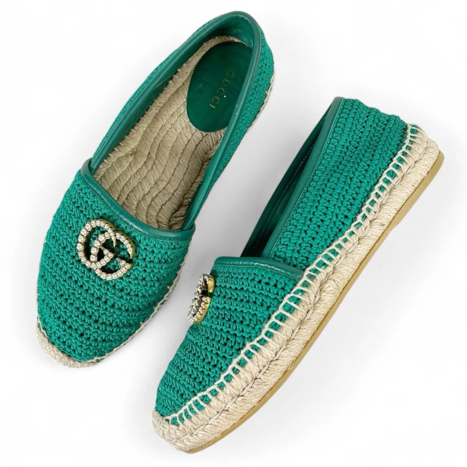 Espadrilles GUCCI crochet nacré GG Marmont vert émeraude taille EU 37