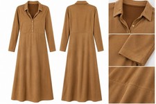 Womens Camel Brown Collared Long Sleeve A Line Midi Shirt Dress Large