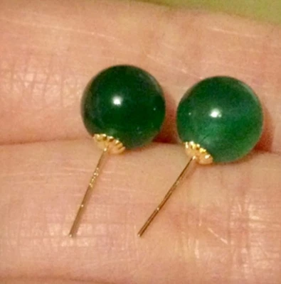 Or 18 Carats-Calcèdoine, Fines Boucles d’Oreilles Clous-Or 750 18K, Pierre Verte - Photo 1/4