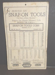 Snap-on Tools Tap Drill Size Indicator Chart 1950's