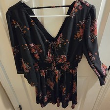Bailey Blue Mini Dress Black Pink Floral Smocked Waist LaceUp VNeck Boho Flowy M
