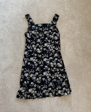 Womens Black White Floral Mini Dress Sleeveless Strappy Lace-Up Square Neck M