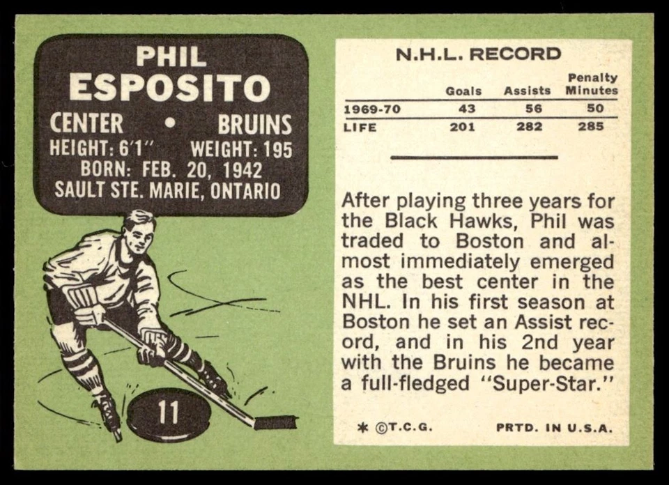 1970-71 Topps Phil Esposito Boston Bruins #11 *Corner Dings* - Image 2 of 2