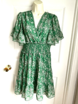 Max Studio Dress sz L Green Floral Short Ruffled Sleeves Tiered Wide Elastic Wai