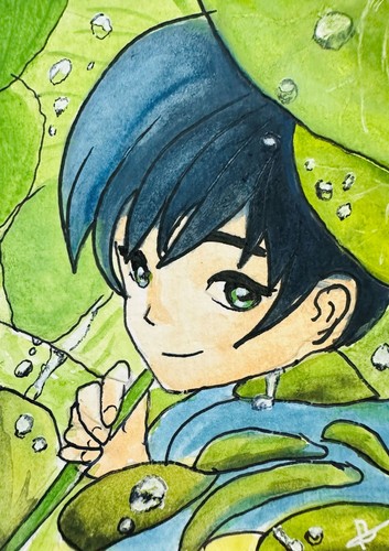 Anime Boy Green Lily Pads ACEO Original Watercolor Painting Nature Portrait Art