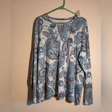 NWT Croft & Barrow Blue Paisley Print Long Sleeve Crew Neck Top 2X