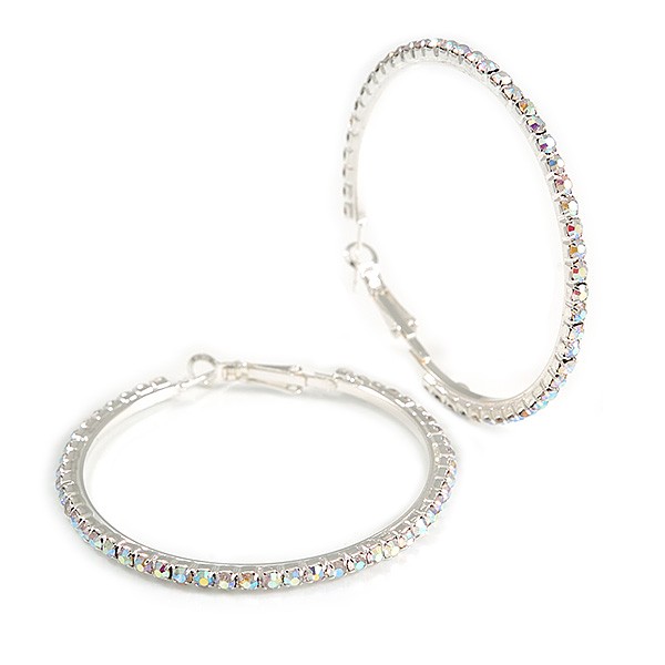 55mm Large AB Crystal Hoop Earrings In Silver Tone Metal