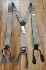 Button Style Suspenders Gray Khaki Check Pattern Black Leather Trim