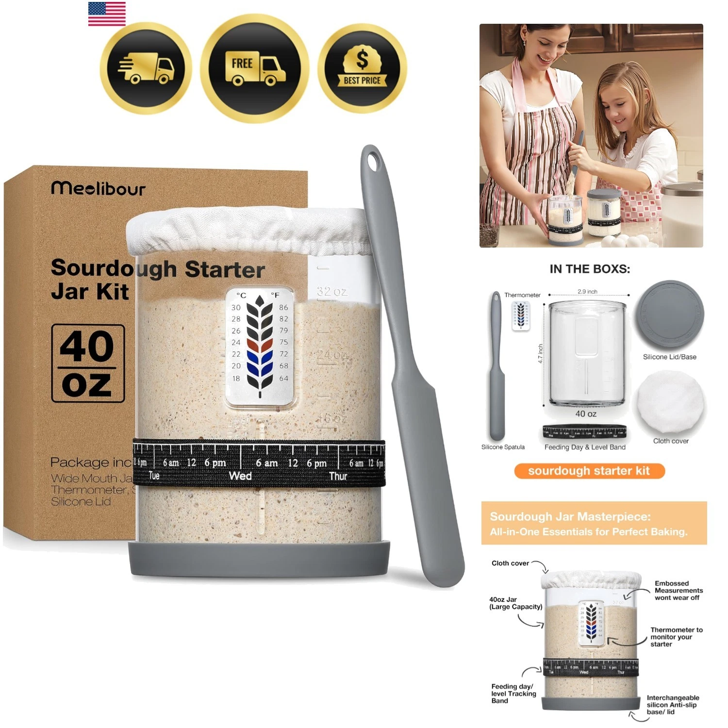 Pro Sourdough Starter Jar Kit - 40oz Large Wide Mouth Sourdough Bread Jar wit...