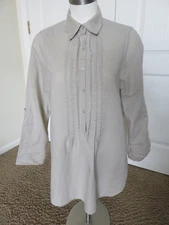 MAX STUDIO Women's brown linen/cotton pintucked tunic roll-tabs Large