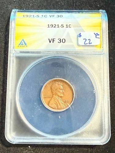 1921 S LINCOLN WHEAT CENT ANACS VF 30 335