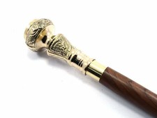 Antique Brass Knob Wood Walking Stick Cane on Top Compass Handle Vintage Style