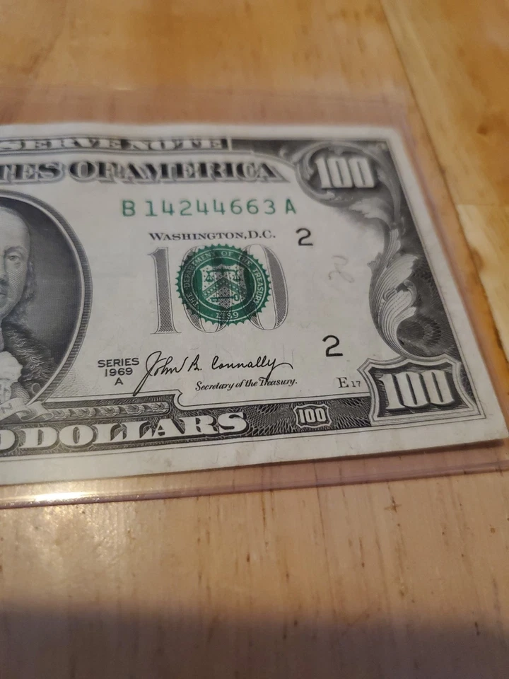 Lightly Circulated Small Face $100 Bill (One Hundred Dollar Bill) - Series 1969 - Image 3 of 4