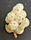 Vintage Milk Glass Grape Cluster Brooch Green Rhinestones Gold Tone Leaf MCM Pin