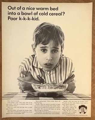 1965 Quaker Oats Hot Cereal Cold Kid on Pajamas Breakfast 60s Print Ad