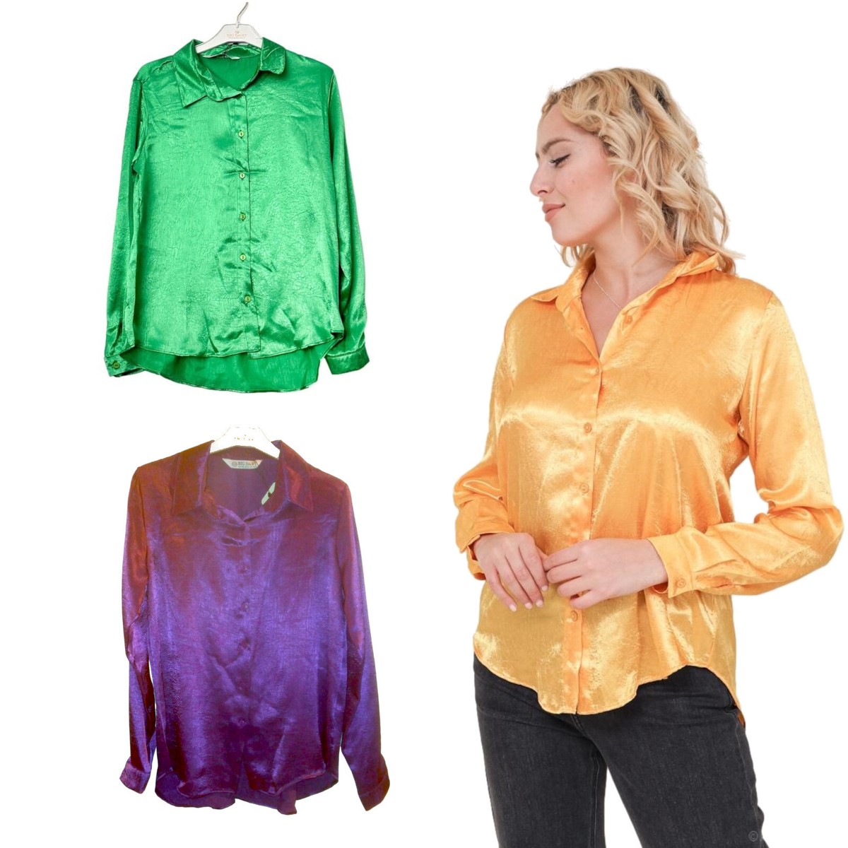 Camisa Mujer Básica Efecto Satén Arrugado Con Botones De Manga Larga Nueva