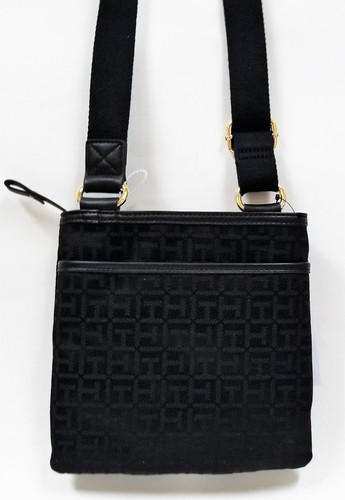 NEW TOMMY HILFIGER BLACK CANVAS+BLACK,WHITE,GRAY STRIPED,GOLD ACCENT CROSSBODY - Picture 5 of 9