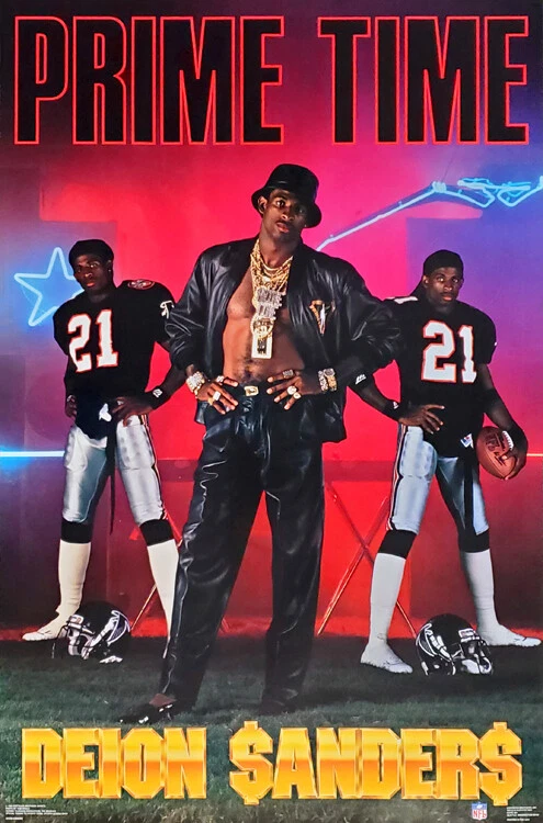 SPORTS POSTER WAREHOUSE Deion Sanders PRIME TIME Atlanta Falcons NFL 1990 Vintage Costacos 23x35 POSTER