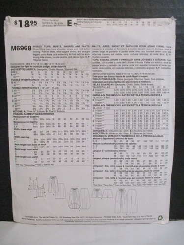 McCall's Pattern 6968 Misses Tops Skirts Shorts Pants Size 6-8-10-12-14 Cut 2014 - Picture 8 of 12