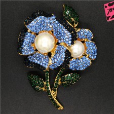 Blue Rhinestone Two Flower Pearl Crystal Fashion Lady Charm Women Brooch Pin