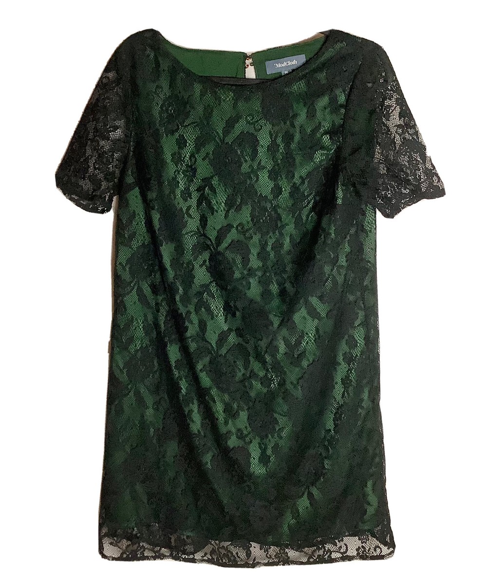 MODCLOTH Black Lace Overlay Evergreen Short Sleeve Shift Dress Size Medium