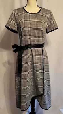 Vintage DKNY Dress Gray Houndstooth Print Midi 6/8 Leather Trim