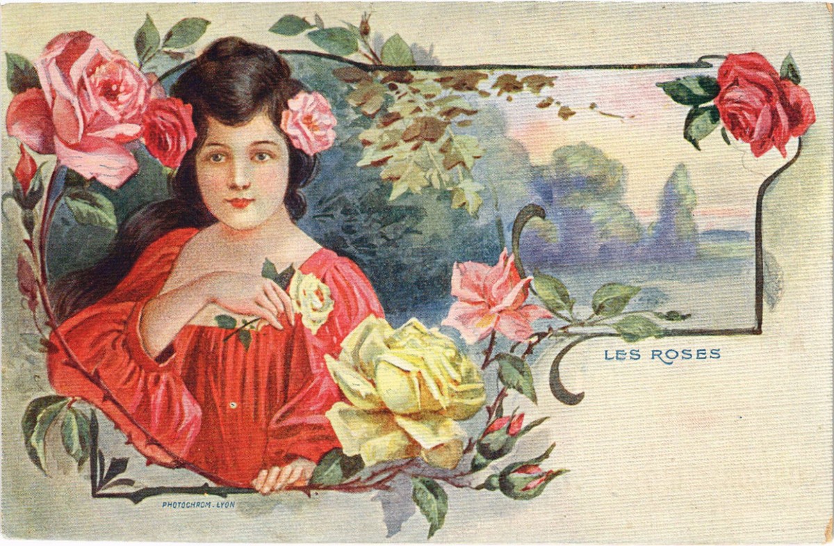 PC ARTIST SIGNED, LES ROSES, GLAMOUR LADY, Vintage Postcard