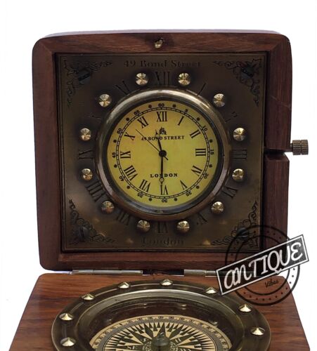 Vintage Victoria Étagère Horloge Compass-Clock Rétro Table Haut en Bois B - Photo 1/7